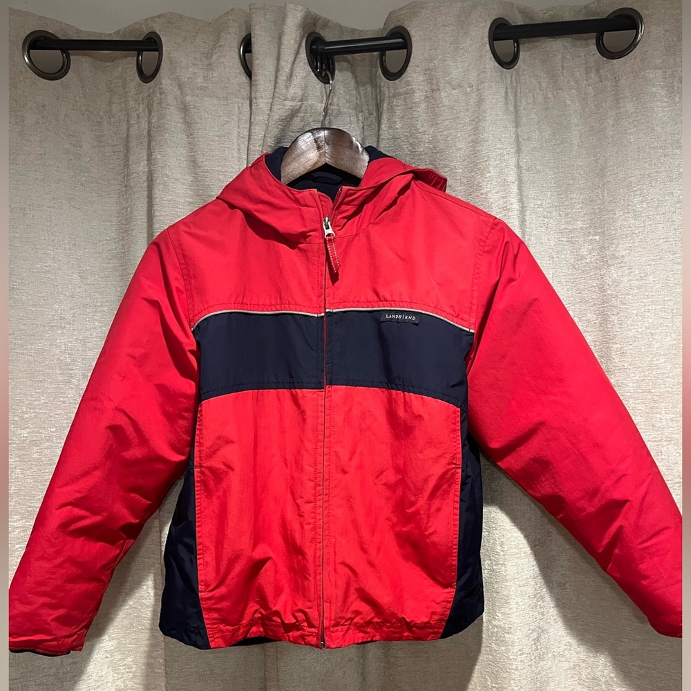 Boys Lands End Puffer Ski Coat Fleece Lined Red and Navy Size 10/12
